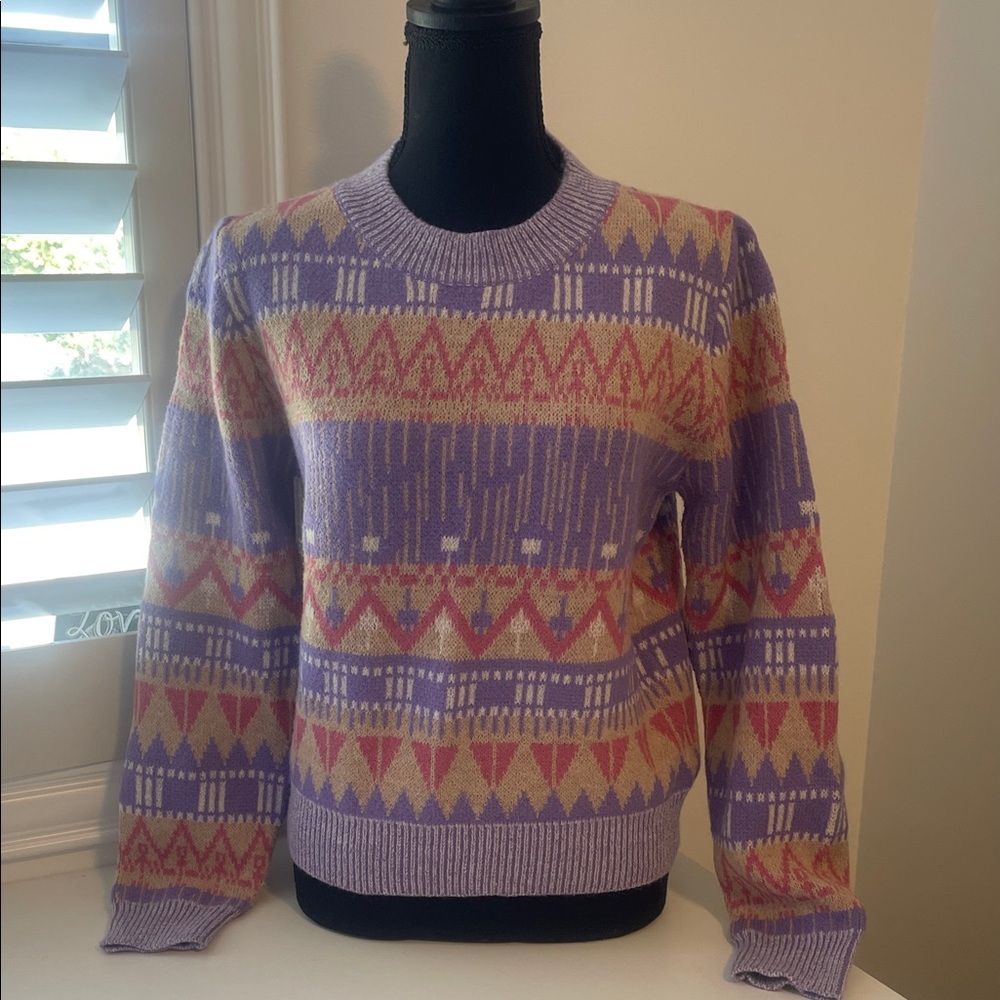 Patterned Lavender, Pink, and Beige Crew Neck Sweater